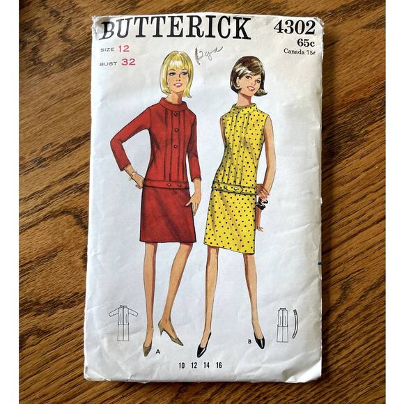 Vintage 1960s Butterick 4302 Sewing Pattern Size XS 12 One Piece Dress COMPLETE - Picture 1 of 2